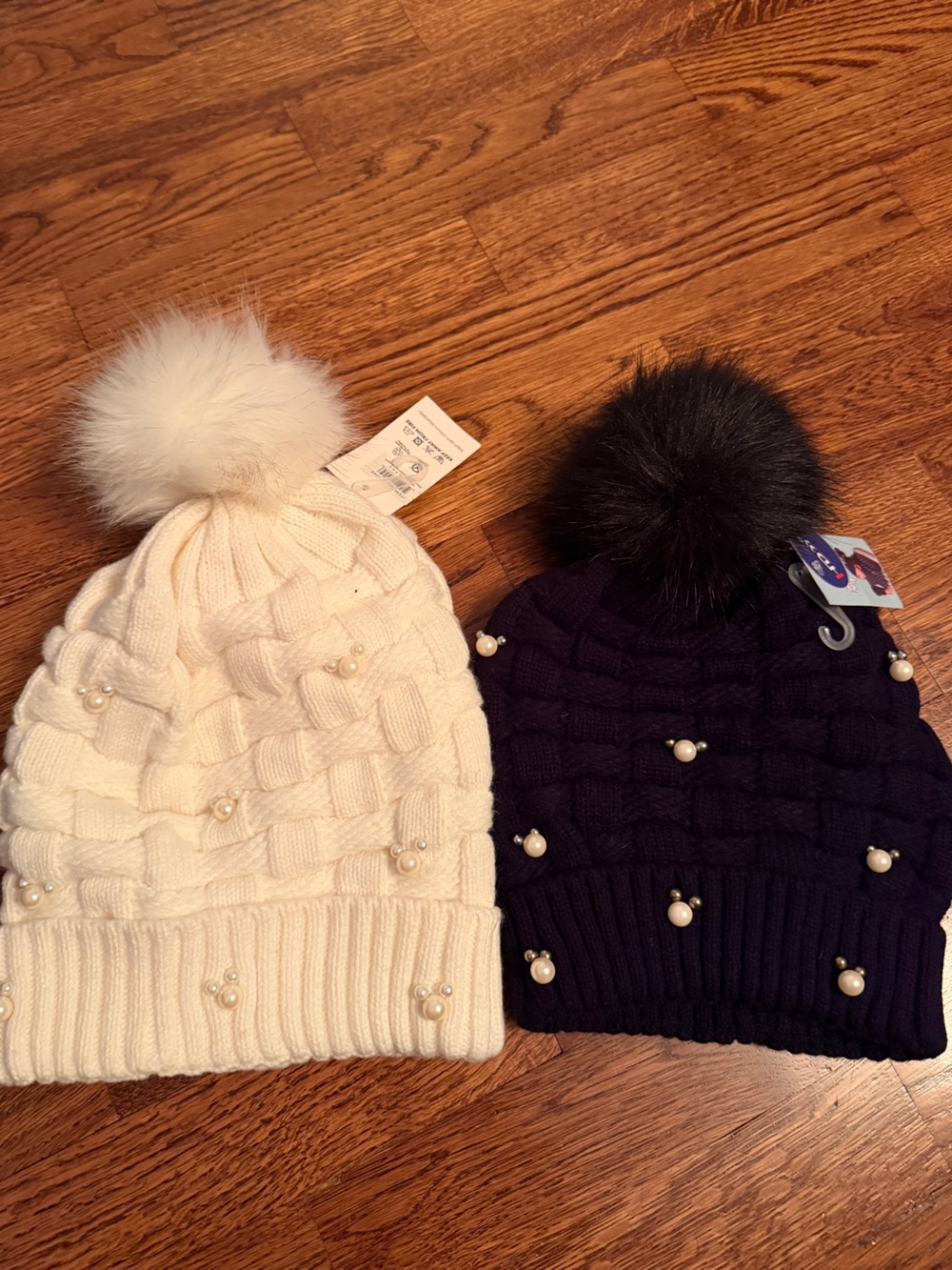 2 Pom-Pom Beanie Knit Hats with Pearls - Matching White & Black